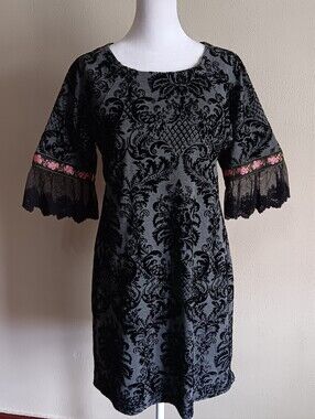 Uncle Frank Whimsigoth Black Velvet Burnout Shift Dress W/ Lace Trim, XS, Goth
